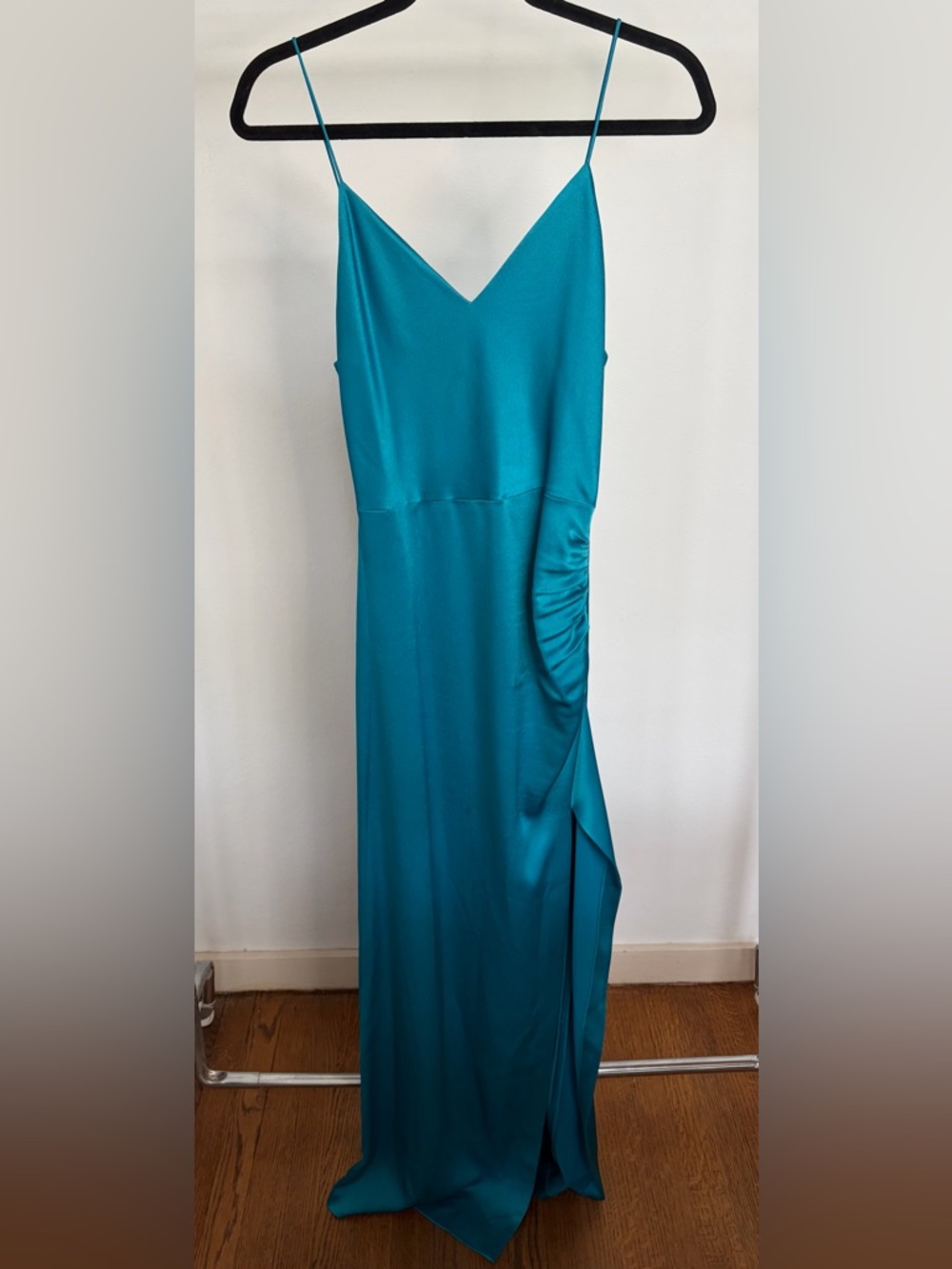 Alice + Olivia Teal Satin V-Neck Spaghetti Strap Maxi Dress - Picture 3 of 4